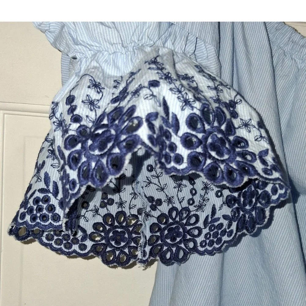 Zara Basic Blue Pinstripe Off Shoulder Embroidered Puff Sleeve Blouse Small